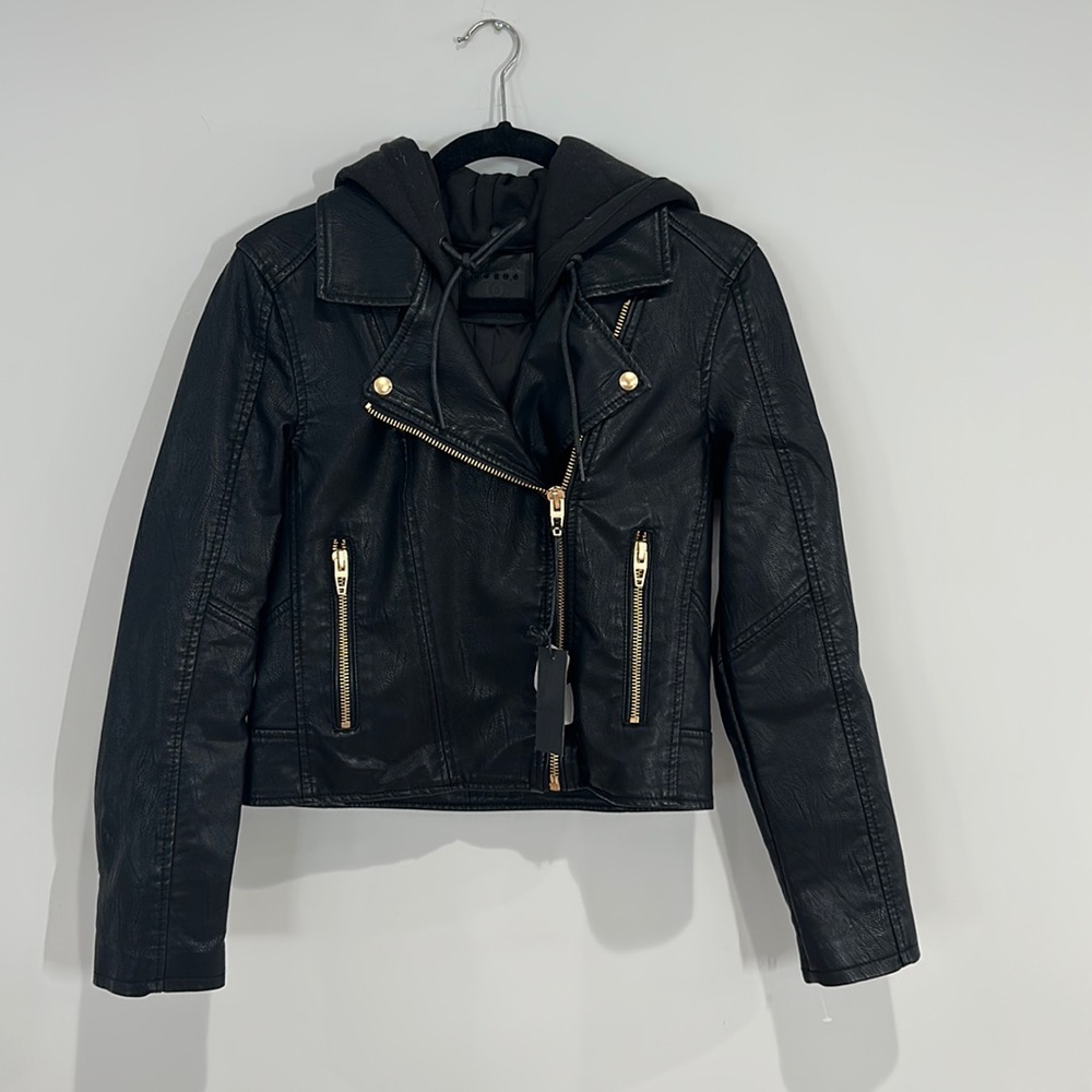 BLANKNYC faux leather jacket with removable hood. Size Small. NWT